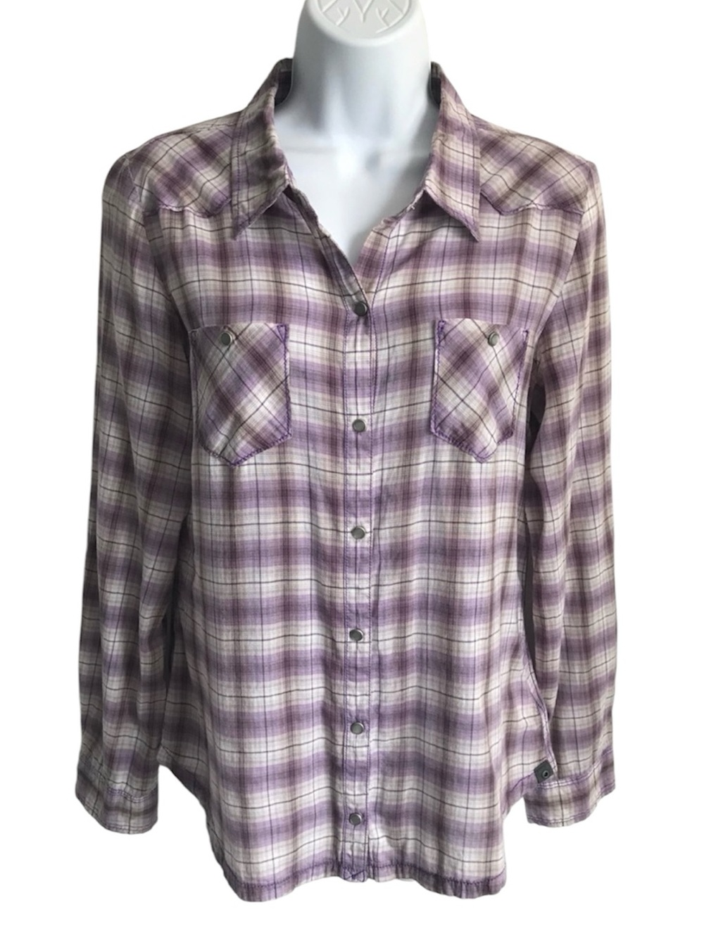 Converse Women’s M Purple & White Cotton Plaid Pearl Snap Button-Down Shirt EUC